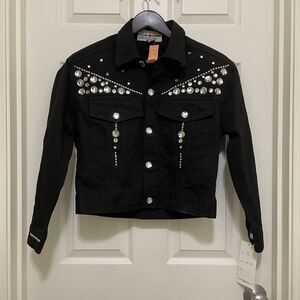 NWT Vintage Robin Berry Denim Jacket Black Rhinestone Small Western Glam USA 90s